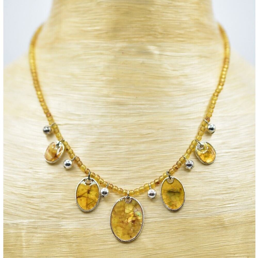 Vintage Collar Beaded Necklace Abalone Shell Yellow Orange Boho Silver 90s Bin3